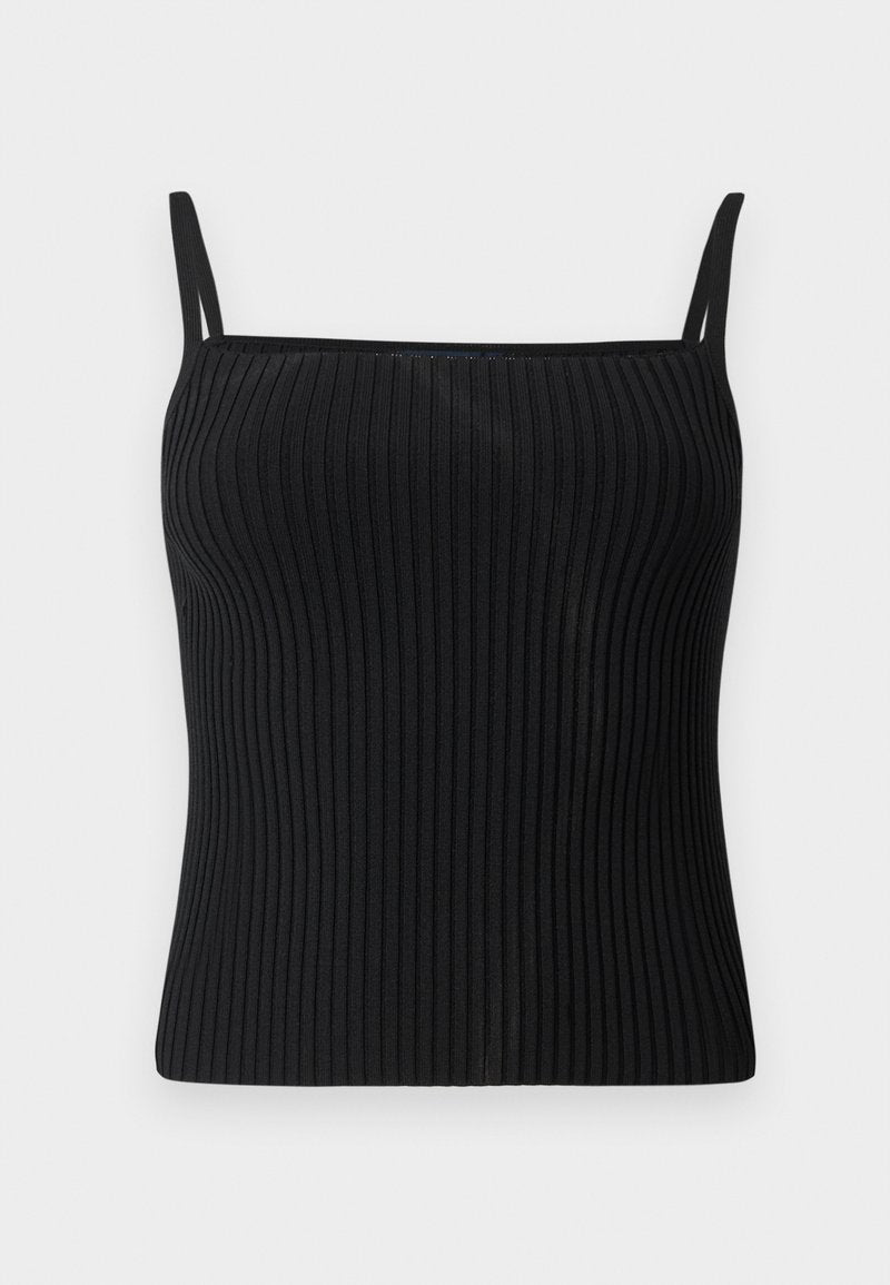 Schwarzes, geripptes Camisolen-Oberteil mit dünnen Trägern, aus einem elastischen Stoff gefertigt. Es hat eine figurbetonte Silhouette und eine glatte Textur.