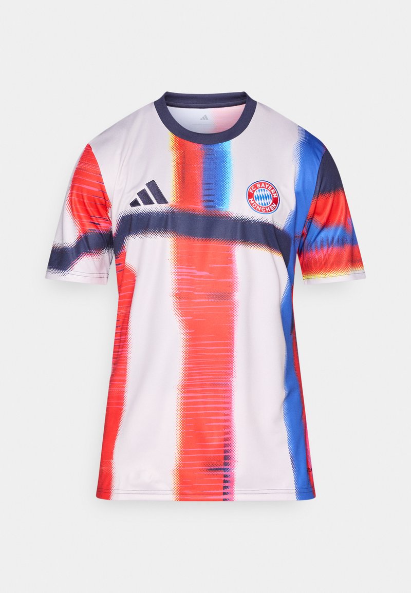 Bayern München Trikot mit einem mehrfarbigen Design in Rot, Blau und Weiß. Hergestellt aus leichtem Stoff mit rundem Ausschnitt.
