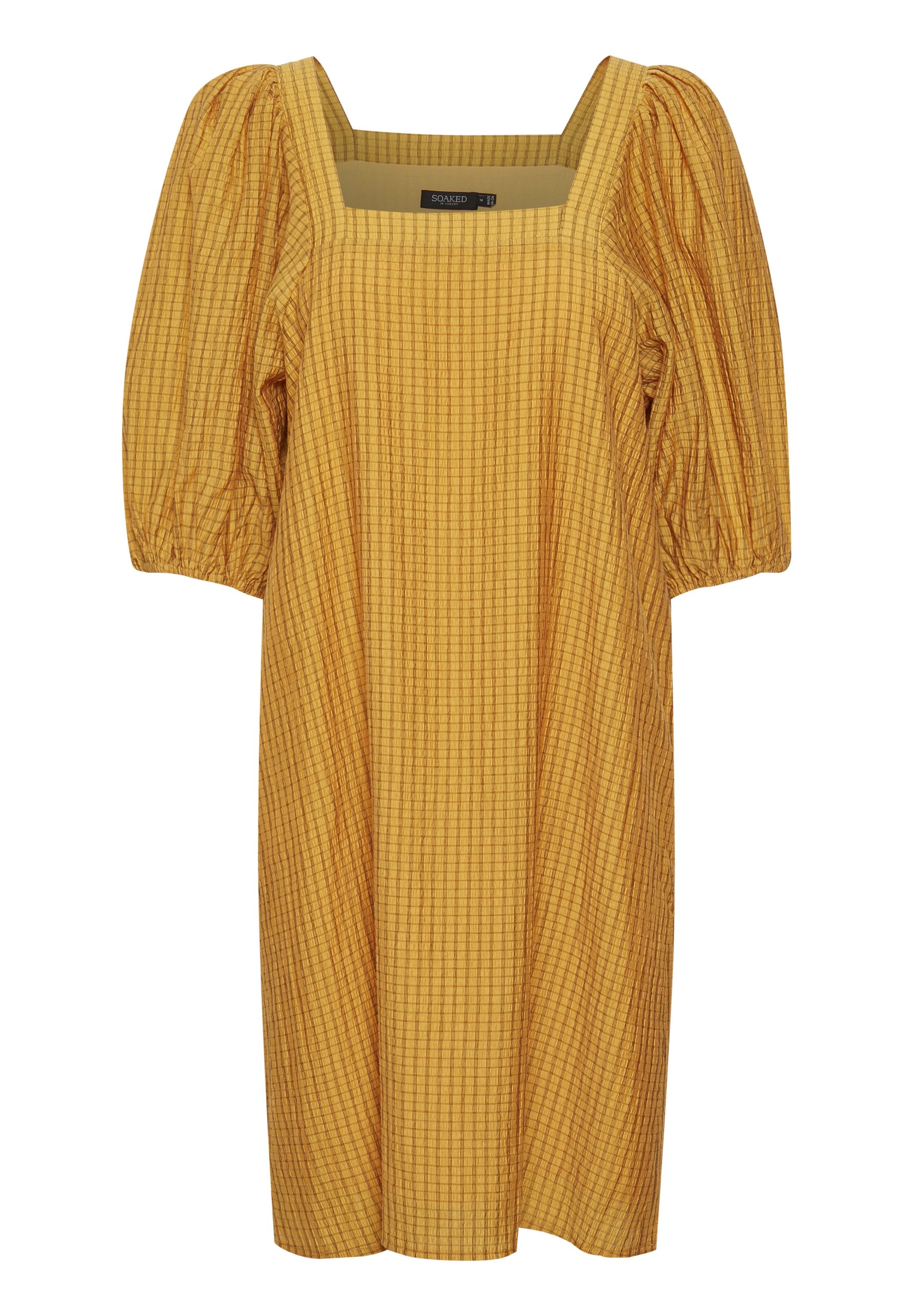 Senfgelbes Kleid mit quadratischem Ausschnitt, Puffärmeln und strukturiertem Karo-Muster. Hergestellt aus leichtem Stoff, knielanges Design.