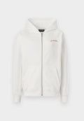Weißer Zip-Hoodie aus weicher Baumwolle, mit einer Kängurutasche, gerippten Bündchen und einem kleinen gestickten Logo in Beige auf der Brust.