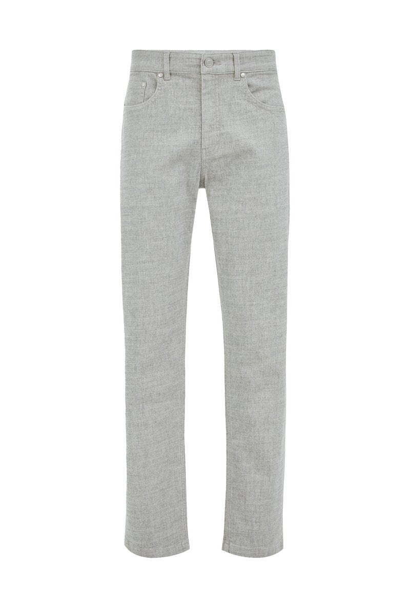 Helle graue Hose aus strukturiertem Stoff, mit geradem Schnitt, Fronttaschen und Knopfverschluss. Einfaches Design ohne Muster.