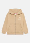 Beige Zip-Hoodie mit Kapuze, Kängurutaschen und quadratischem Logodetail auf der Brust. Hergestellt aus weichem Baumwollmaterial und verfügt über gerippte Bündchen.