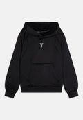Schwarzer Kapuzenpullover aus strukturiertem Stoff, auffällige Kängurutasche und ein weißes Logo auf der Brust. Verfügt über eine große Kapuze und anliegende Bündchen.