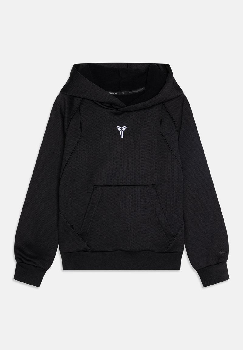 Schwarzer Kapuzenpullover aus strukturiertem Stoff, auffällige Kängurutasche und ein weißes Logo auf der Brust. Verfügt über eine große Kapuze und anliegende Bündchen.