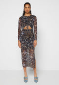Langärmeliges Kleid aus einem transparenten, gemusterten Stoff mit erdigen Farbtönen. Mit Ausschnitt-Design, Raffungen an der Taille und seitlichem Schlitz.