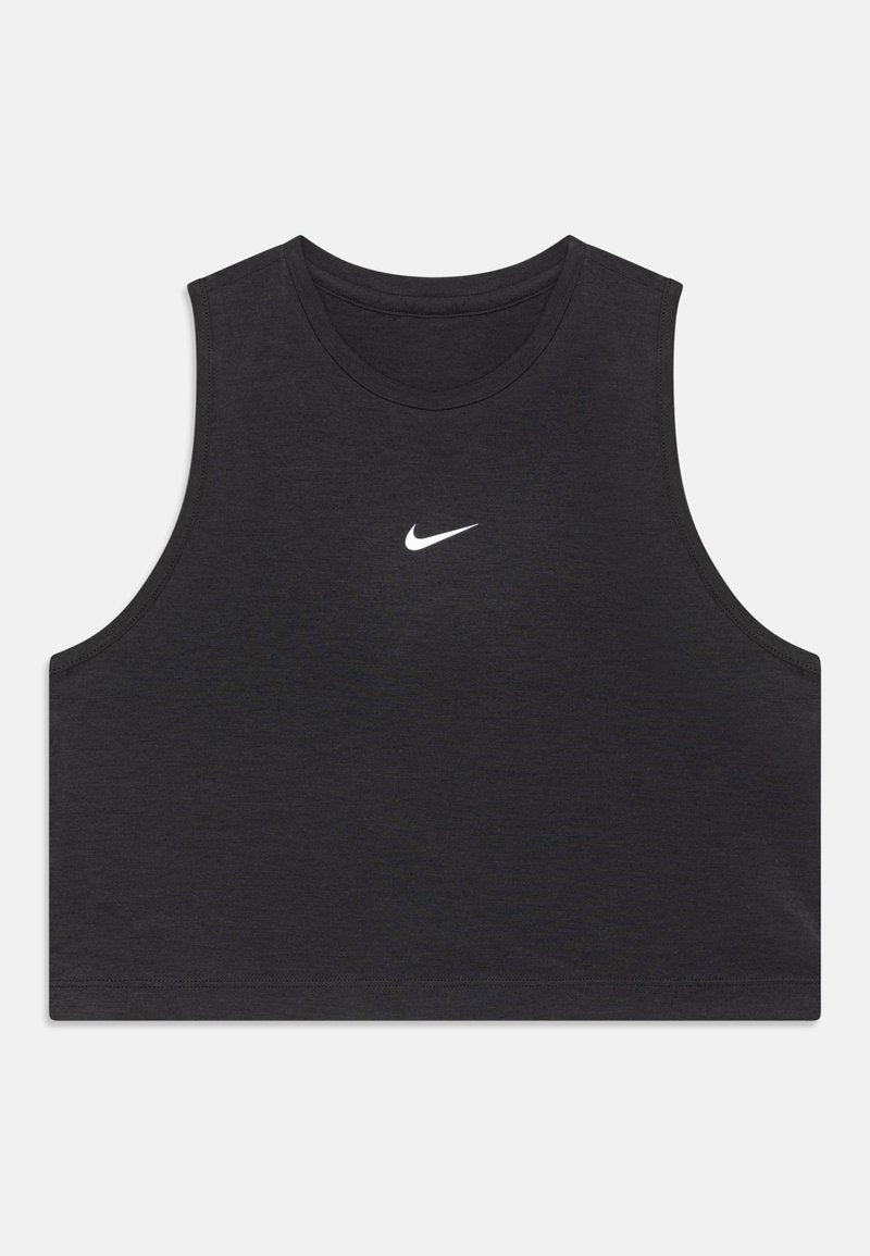 Schwarzes ärmelloses Crop-Top aus atmungsaktivem Material, mit rundem Hals und einem weißen Nike-Logo, das zentral auf der Brust platziert ist.