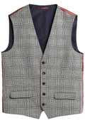 Grau und schwarz kariertes Button-up-Westen mit zwei Fronttaschen und marineblauem, blumenmusterndem Innenfutter, mit rostfarbenen Seitenpaneelen.
