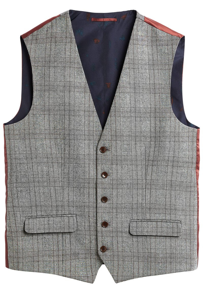 Grau und schwarz kariertes Button-up-Westen mit zwei Fronttaschen und marineblauem, blumenmusterndem Innenfutter, mit rostfarbenen Seitenpaneelen.