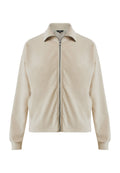 Beige Reißverschlussjacke mit weichem Material, ausgestattet mit einem umklappbaren Kragen und gerippten Bündchen, konzipiert mit einer lockeren Passform und seitlichen Taschen.