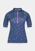 Marineblaues kurzärmeliges Sportoberteil mit kleinem rosa-blauem Blumenmuster, hohem Kragen und rosa Reißverschluss vorne.