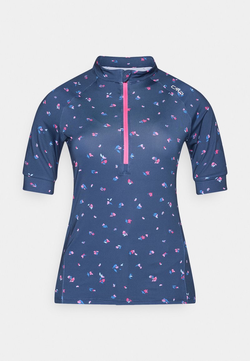 Marineblaues kurzärmeliges Sportoberteil mit kleinem rosa-blauem Blumenmuster, hohem Kragen und rosa Reißverschluss vorne.