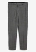 Grau gemusterte Hose mit geradem Bein, Knopfverschluss und Gürtelschlaufen. Glattes Material und taillierter Schnitt.