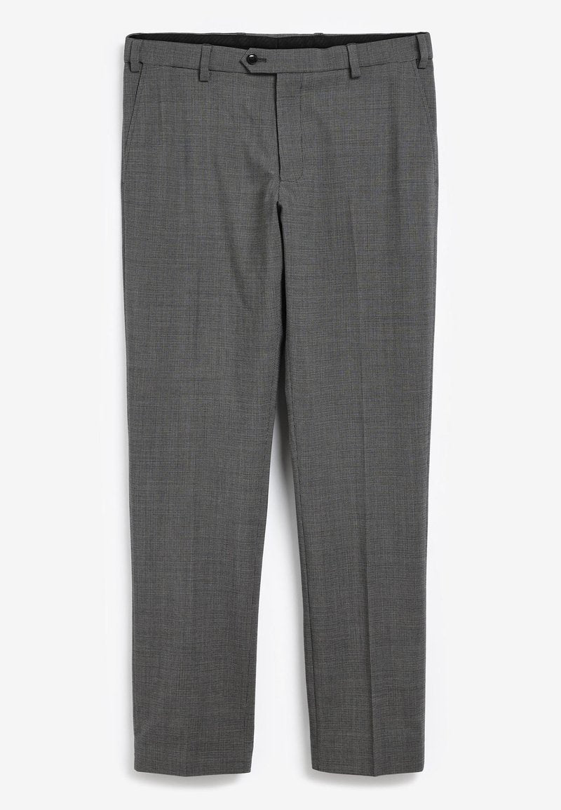 Grau gemusterte Hose mit geradem Bein, Knopfverschluss und Gürtelschlaufen. Glattes Material und taillierter Schnitt.
