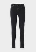 Schwarze Skinny-Jeans aus Denim mit hoch tailliertem Bund, Fünf-Knopf-Verschluss und minimalistischen Design. Mit Gesäßtaschen und dezenten Stickdetails.