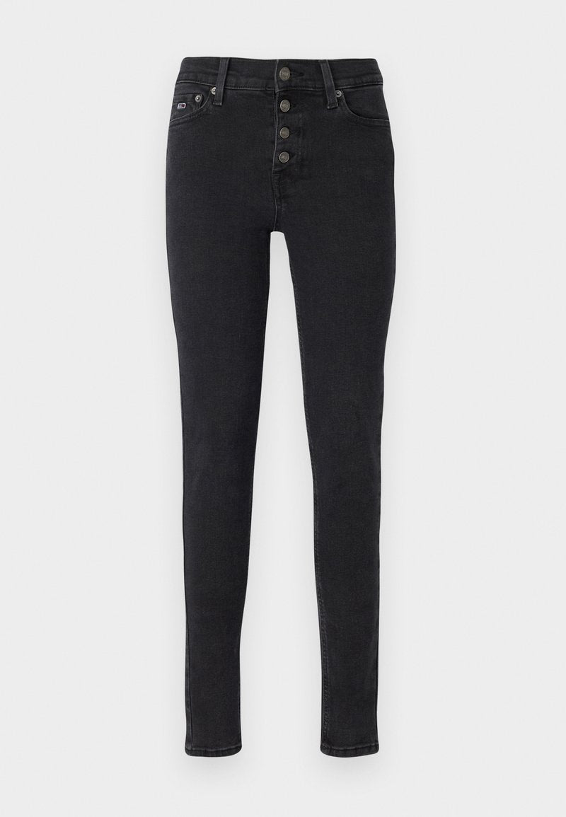 Schwarze Skinny-Jeans aus Denim mit hoch tailliertem Bund, Fünf-Knopf-Verschluss und minimalistischen Design. Mit Gesäßtaschen und dezenten Stickdetails.