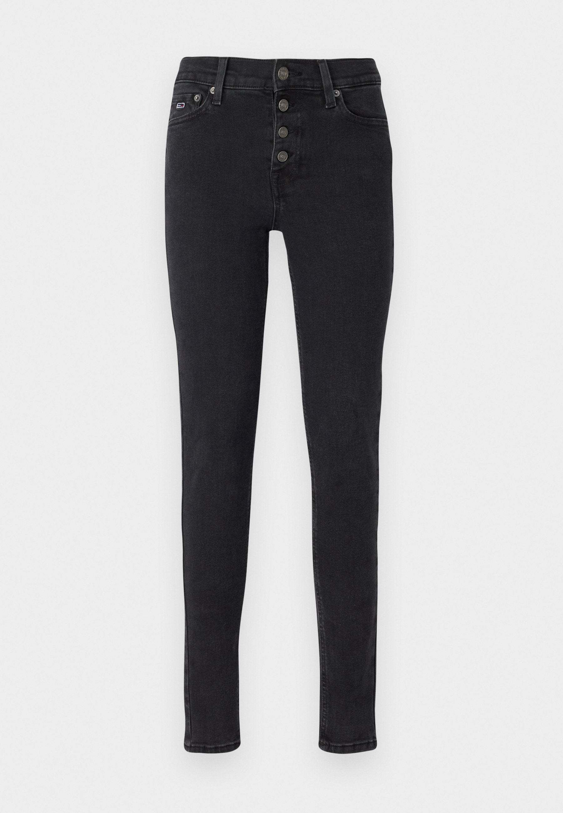 Schwarze Skinny-Jeans aus Denim mit hoch tailliertem Bund, Fünf-Knopf-Verschluss und minimalistischen Design. Mit Gesäßtaschen und dezenten Stickdetails.