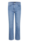 Helle blaue Straight-Leg-Jeans aus Denim mit fünf Taschen, einem Frontknopfverschluss und sichtbaren Nähten entlang der Nähte.