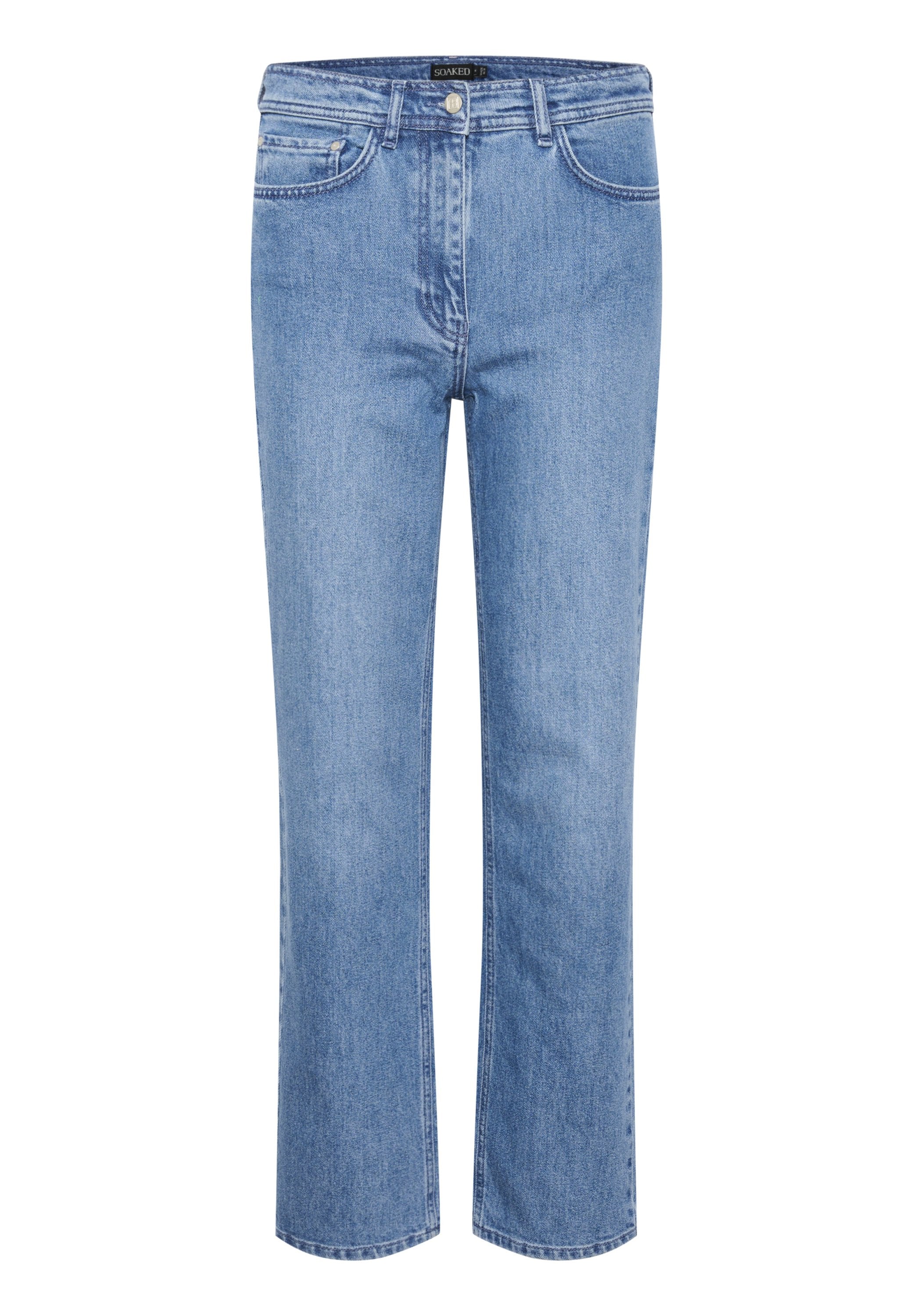 Helle blaue Straight-Leg-Jeans aus Denim mit fünf Taschen, einem Frontknopfverschluss und sichtbaren Nähten entlang der Nähte.
