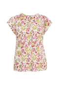 Blumenbluse mit kurzen Cap-Ärmeln, die pinke, rote und grüne Blumen auf einem weißen Hintergrund zeigt; leichtes Material mit lockerer Passform.