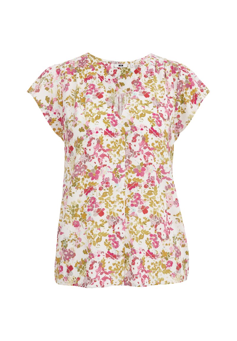 Blumenbluse mit kurzen Cap-Ärmeln, die pinke, rote und grüne Blumen auf einem weißen Hintergrund zeigt; leichtes Material mit lockerer Passform.