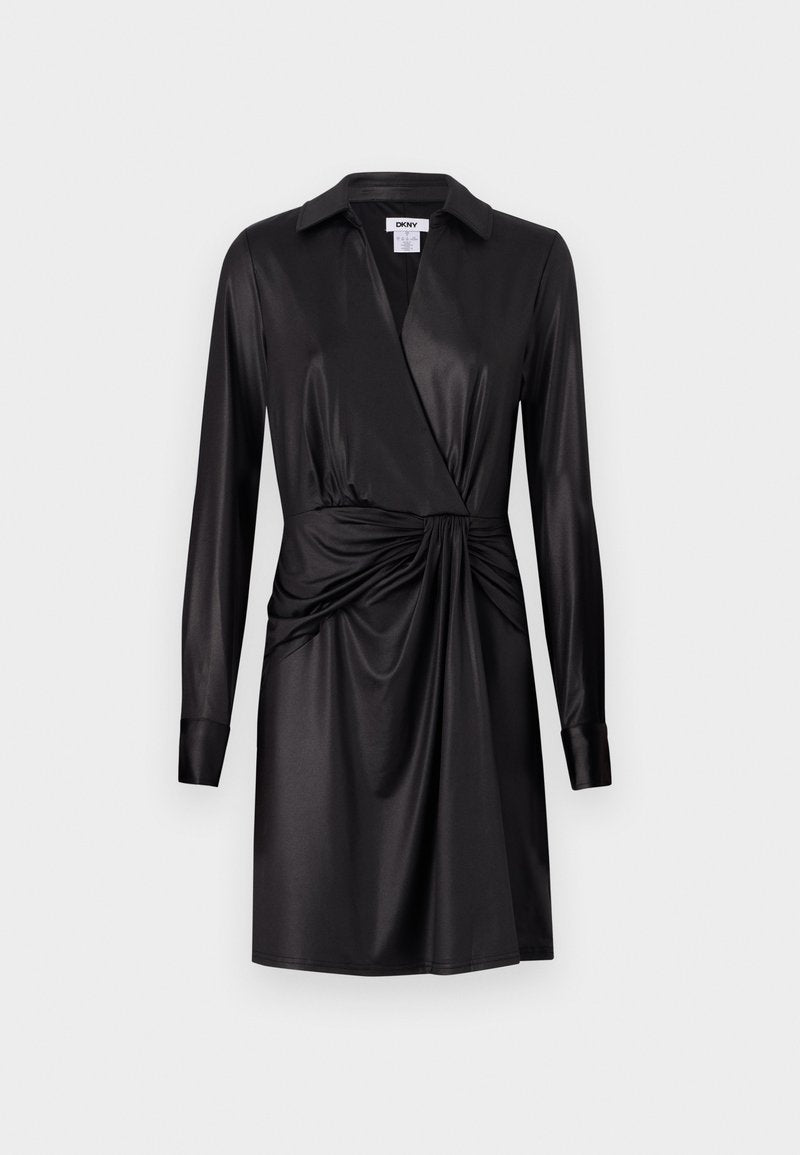 COLLARED V NECK DRAPPED DRESS Media 1