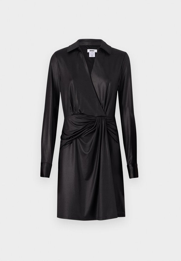 DKNY COLLARED V NECK DRAPPED DRESS