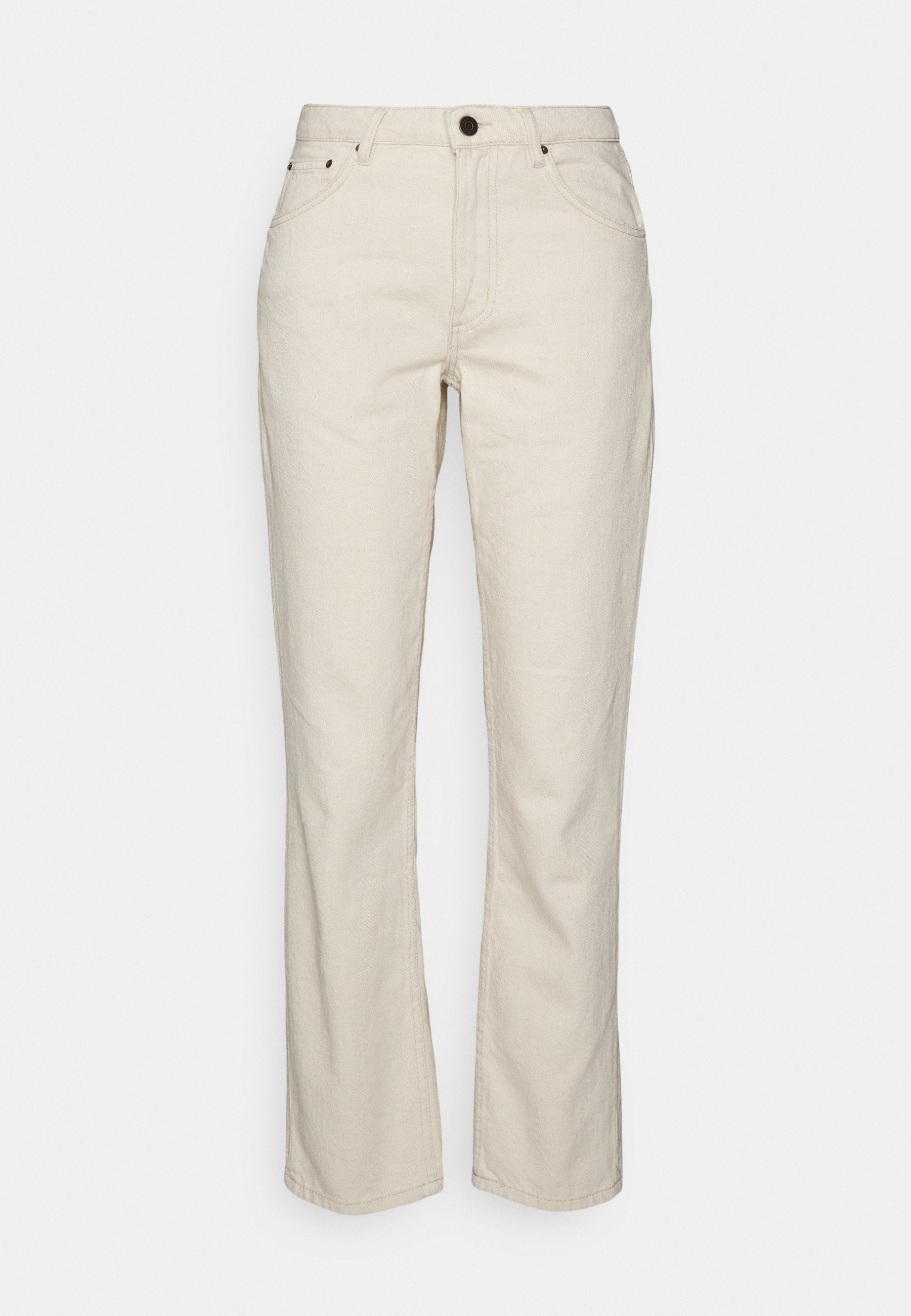 Helle beige gerade geschnittene Jeans mit fünf Taschen, einem oberen Knopfverschluss und minimalen Stichelementen. Hergestellt aus Denim-Material.