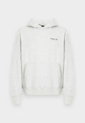 Hellgrauer Hoodie aus Baumwollmischung, mit einer vorderen Kängurutasche, gerippten Bündchen und einem kleinen Logo auf der linken Brust.