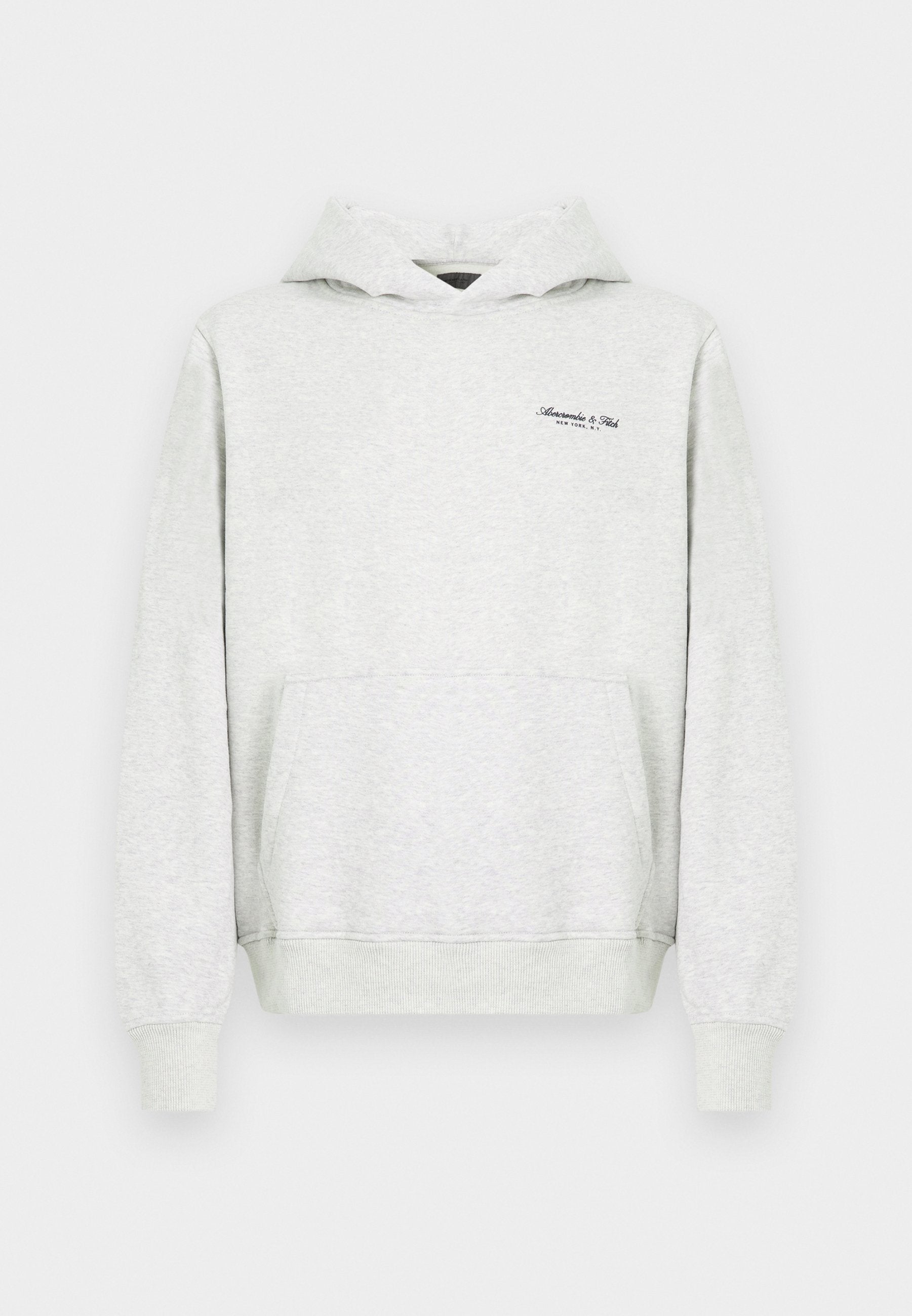 Hellgrauer Hoodie aus Baumwollmischung, mit einer vorderen Kängurutasche, gerippten Bündchen und einem kleinen Logo auf der linken Brust.