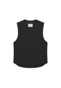 Schwarzes ärmelloses Vest aus glattem Stoff mit Knopfverschluss, zwei vorderen Taschen und abgerundetem Saumdesign. Markenlabel sichtbar.