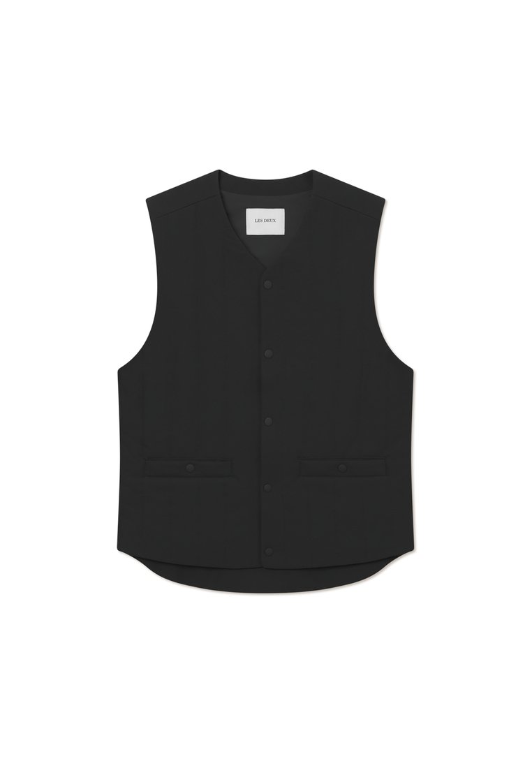 Schwarzes ärmelloses Vest aus glattem Stoff mit Knopfverschluss, zwei vorderen Taschen und abgerundetem Saumdesign. Markenlabel sichtbar.
