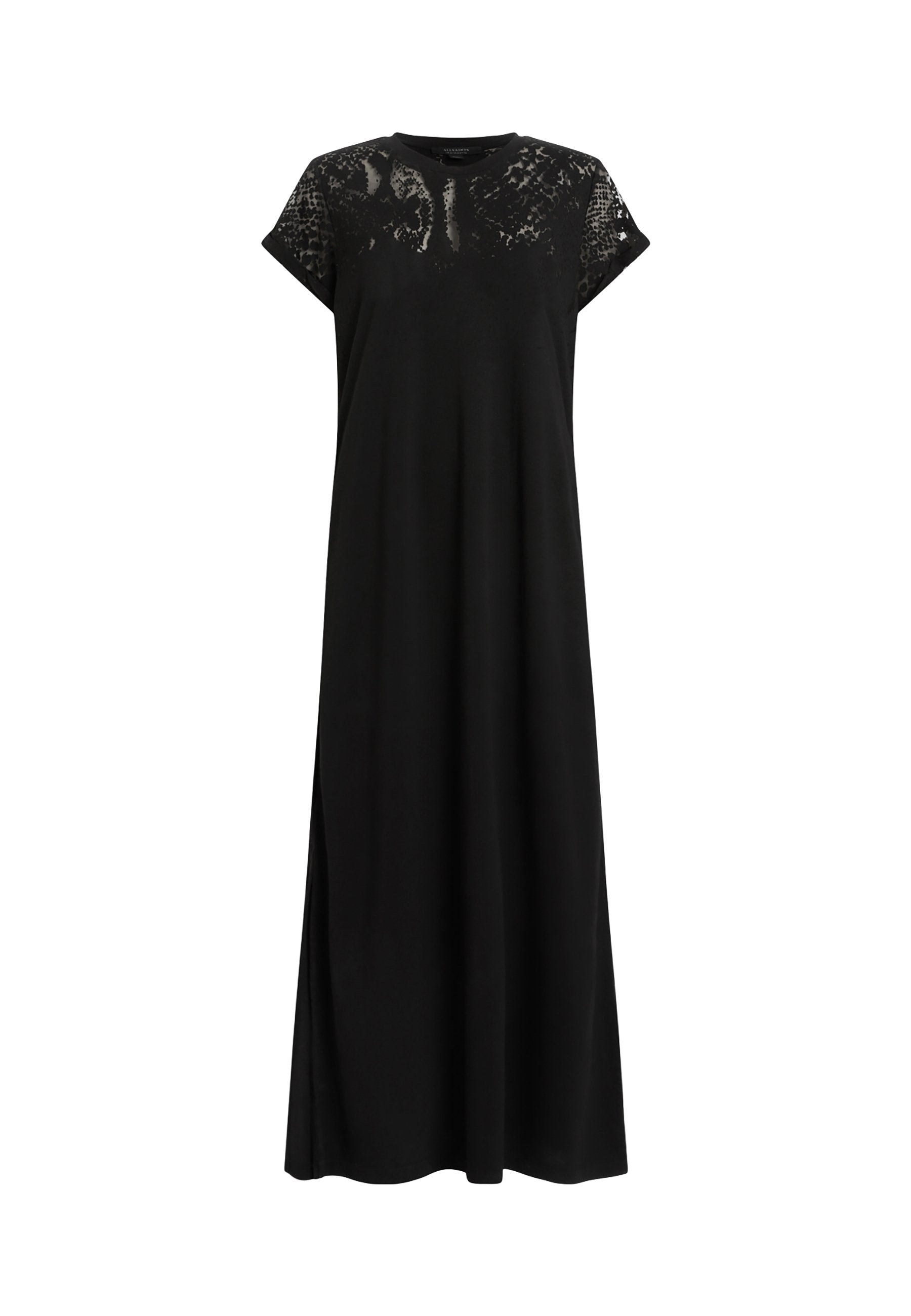 Schwarzes Maxikleid mit kurzen Ärmeln und einem Spitzenoberteil. Es verfügt über eine glatte Textur und einen seitlichen Schlitz für zusätzlichen Komfort und Bewegungsfreiheit.