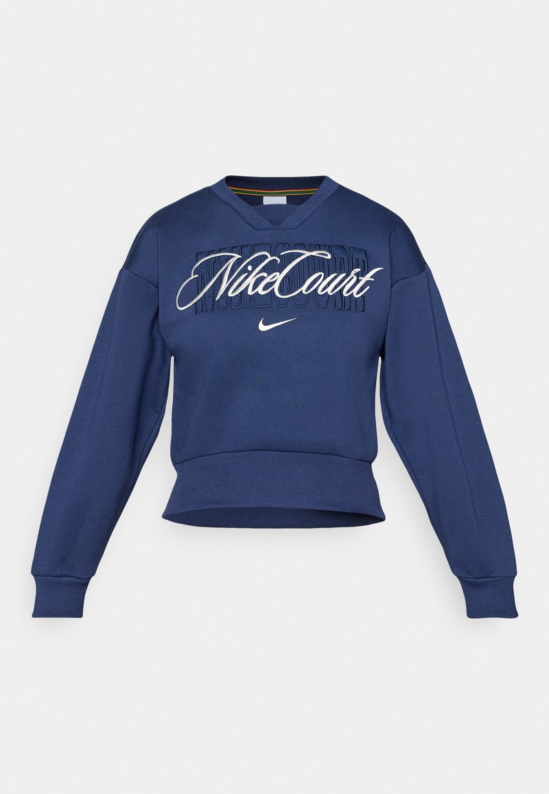 Dunkelblaues Sweatshirt mit geripptem Saum und Bündchen, mit dem weißen "NikeCourt"-Logo auf der Vorderseite und V-Ausschnitt.