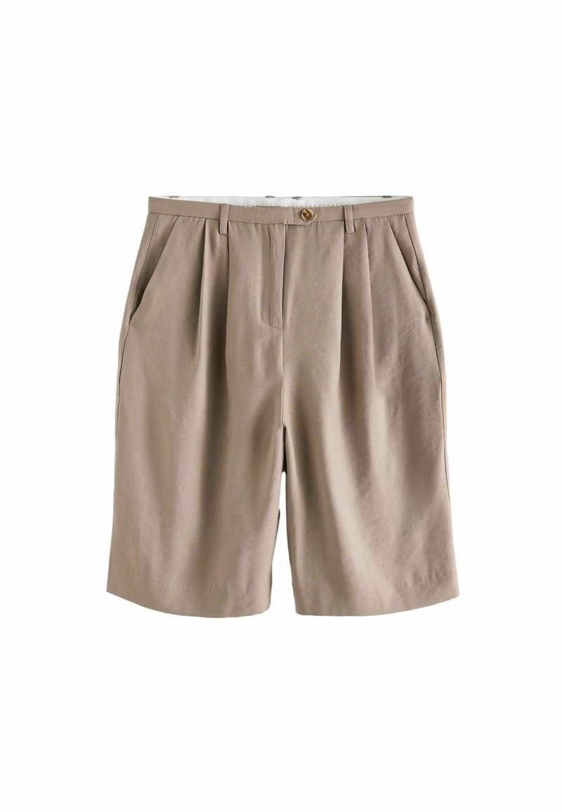 Beige Shorts mit Falten, aus leichtem Stoff. Haben einen vorderen Knopfverschluss und seitliche Taschen. Glatte Textur und entspannter Schnitt.