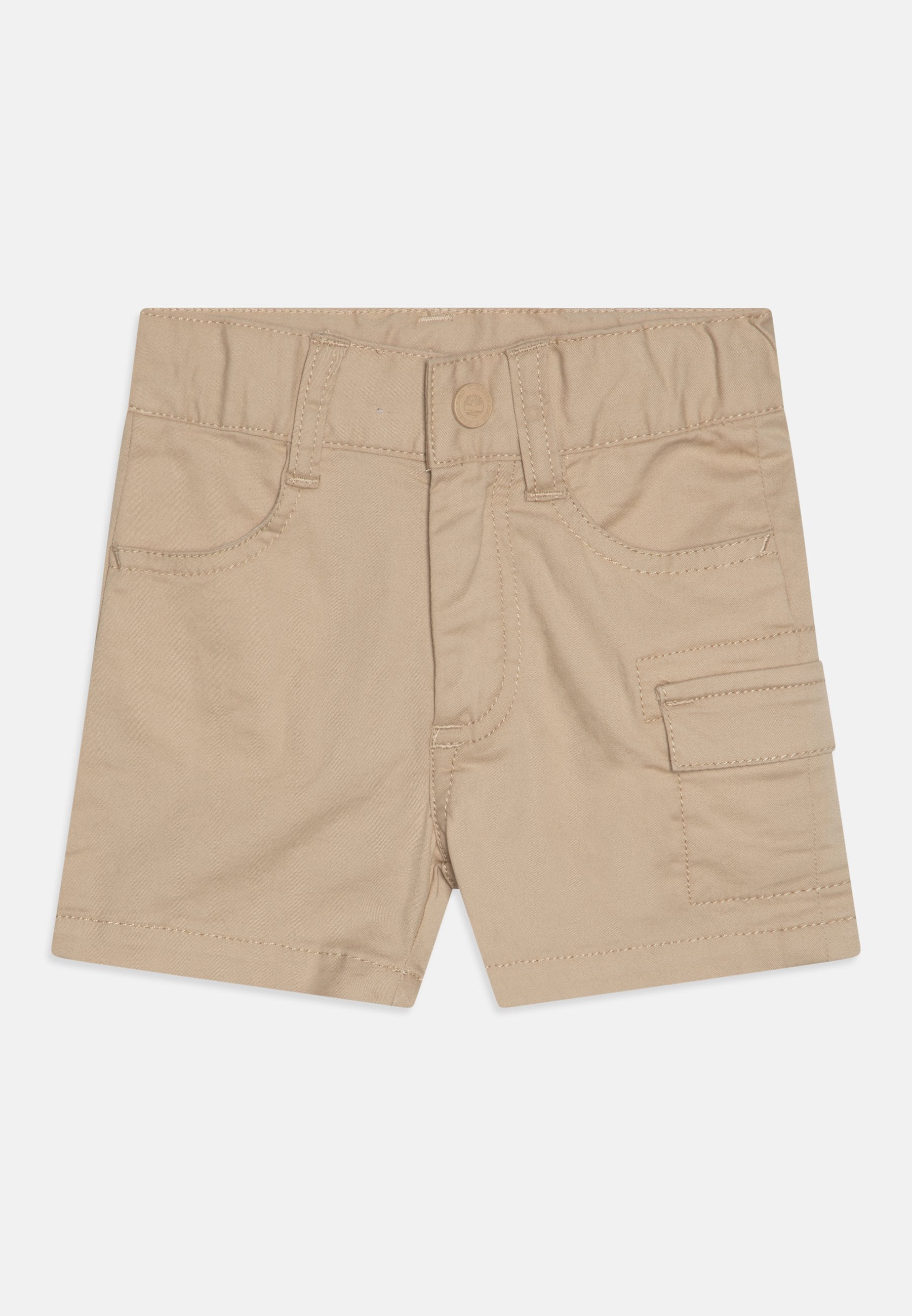 Beige Shorts aus einem Baumwollmischgewebe mit einem Frontknopfverschluss, zwei Fronttaschen und einer seitlichen Cargo-Tasche.