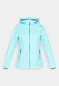 Hellblauer Kapuzen-Windbreaker mit Frontreißverschluss und zwei Reißverschlusstaschen, CMP-Logo auf der Brust, elastische Bündchen.