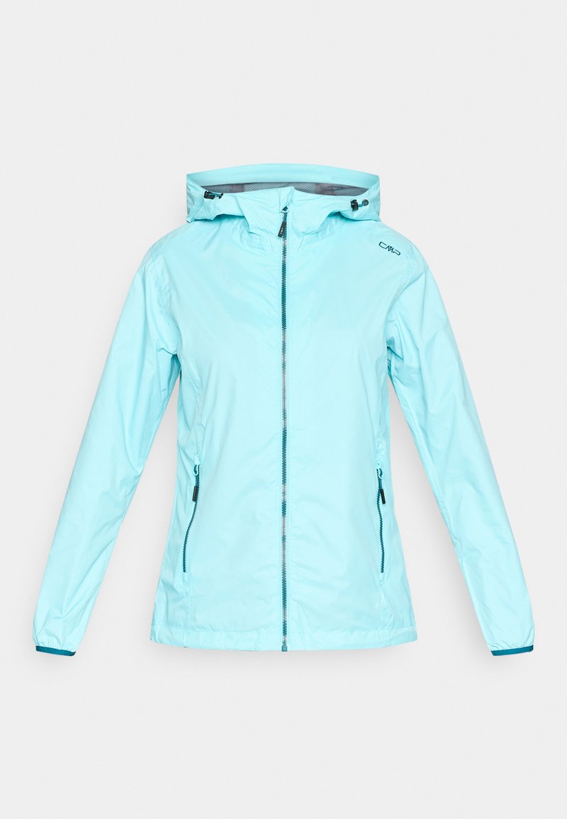 Hellblauer Kapuzen-Windbreaker mit Frontreißverschluss und zwei Reißverschlusstaschen, CMP-Logo auf der Brust, elastische Bündchen.