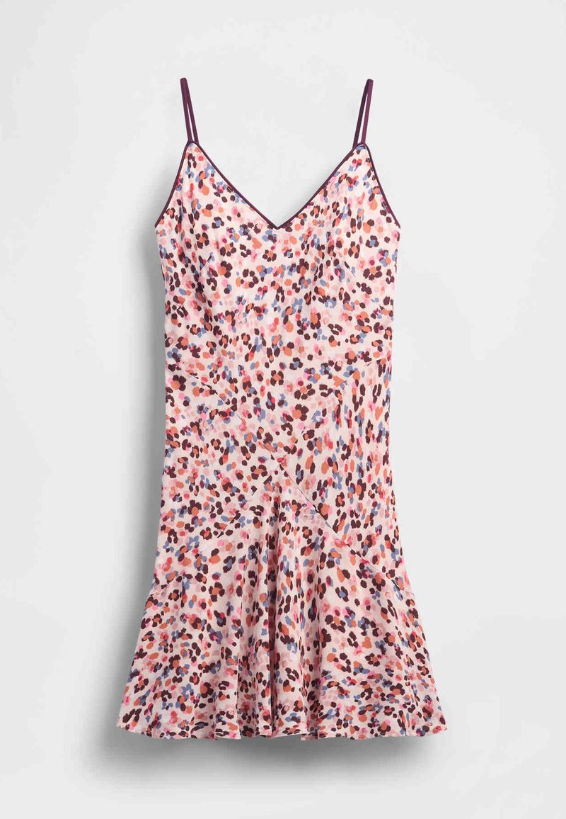 Rosa Kleid mit Blumenmuster, V-Ausschnitt und dünnen Trägern, mit ausgestelltem Saum und kontrastierender lila Borte entlang des Ausschnitts.