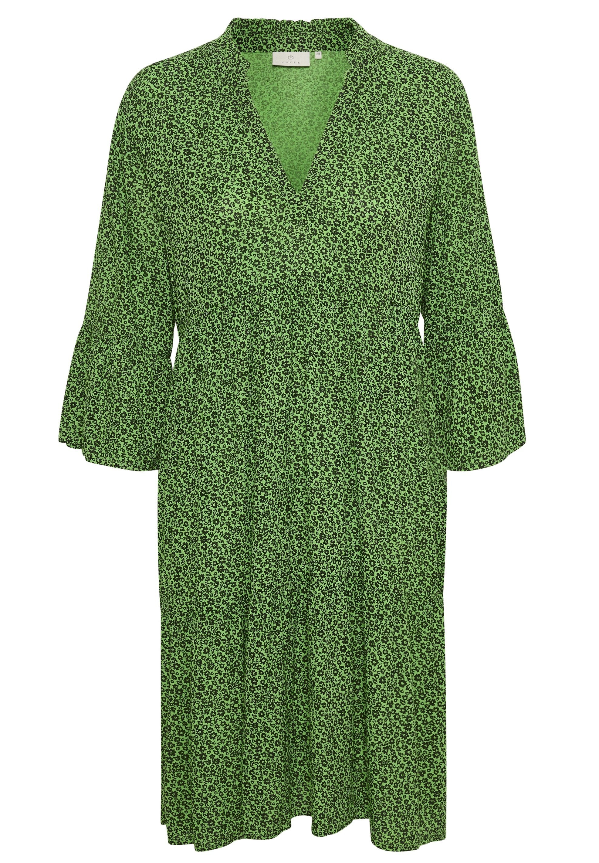 Grünes knielanges Kleid mit schwarzem Blumenmuster, V-Ausschnitt, dreiviertel langen Glockenärmeln und gerafftem Taillendetail.