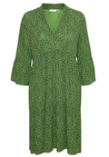 Grünes knielanges Kleid mit schwarzem Blumenmuster, V-Ausschnitt, dreiviertel langen Glockenärmeln und gerafftem Taillendetail.