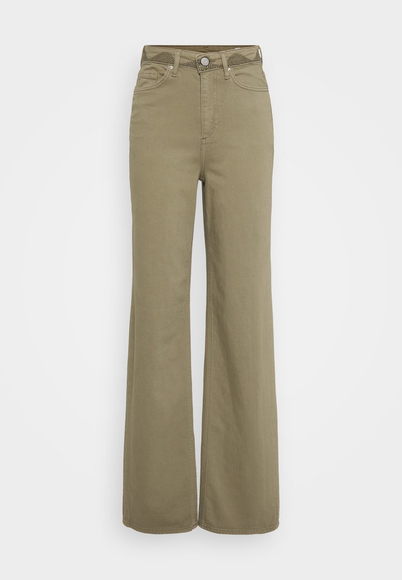 Hochgeschnittene, weit geschnittene Hosen in Khaki mit vorderen und hinteren Taschen, Gürtelschlaufen sowie einem Knopf- und Reißverschluss.