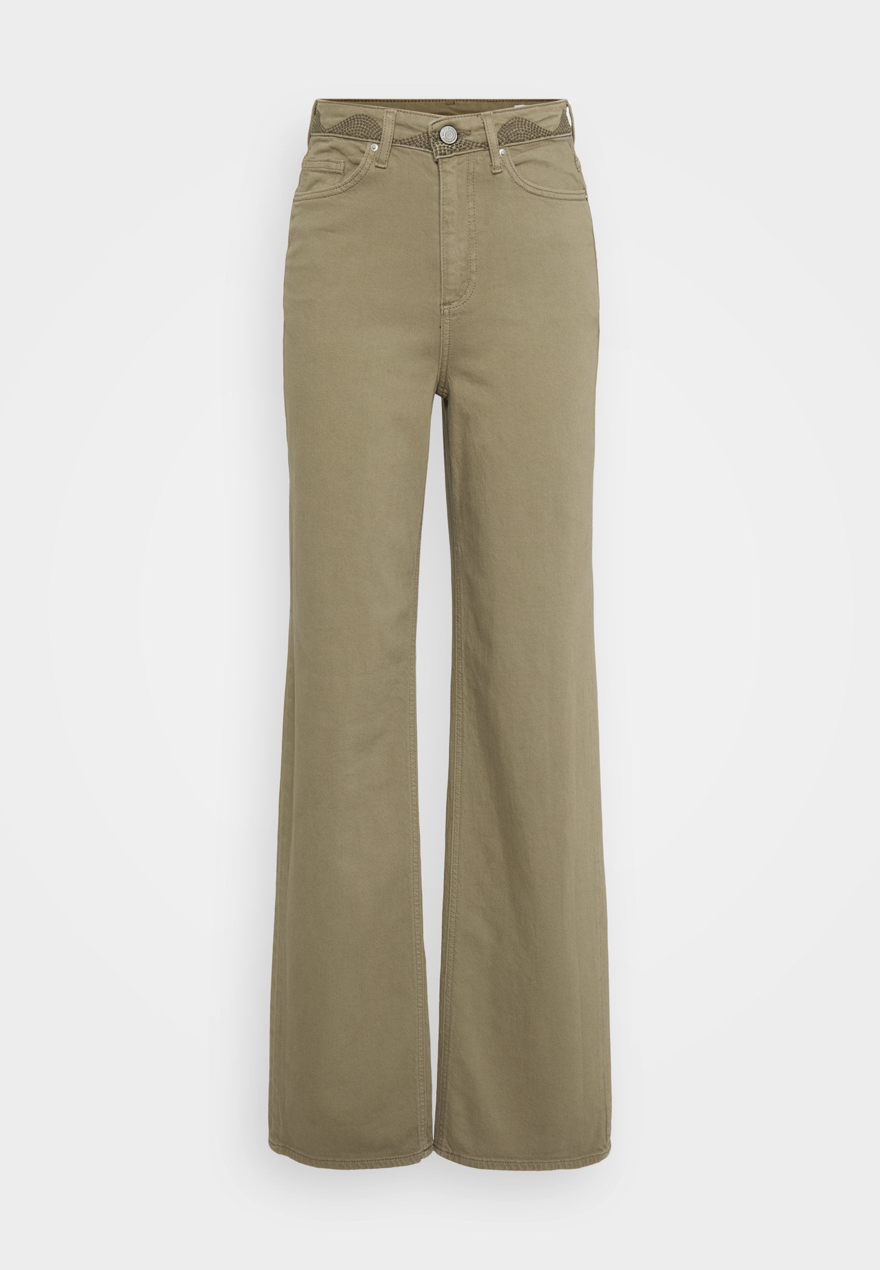 Hochgeschnittene, weit geschnittene Hosen in Khaki mit vorderen und hinteren Taschen, Gürtelschlaufen sowie einem Knopf- und Reißverschluss.