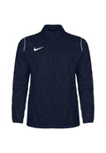 Marineblaue Nike-Jacke mit hohem Kragen, durchgehendem Reißverschluss, pinkfarbenen Akzentstreifen und weißem Logo auf der linken Brust. Leicht und mit glatter Textur.