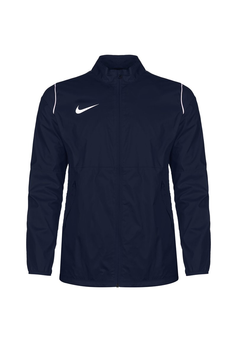 Marineblaue Nike-Jacke mit hohem Kragen, durchgehendem Reißverschluss, pinkfarbenen Akzentstreifen und weißem Logo auf der linken Brust. Leicht und mit glatter Textur.