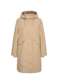 Beige wasserfeste Jacke mit Kapuze, langen Ärmeln, zwei aufgesetzten Seitentaschen und geradem Schnitt. Mit verstellbaren Kordelzügen.
