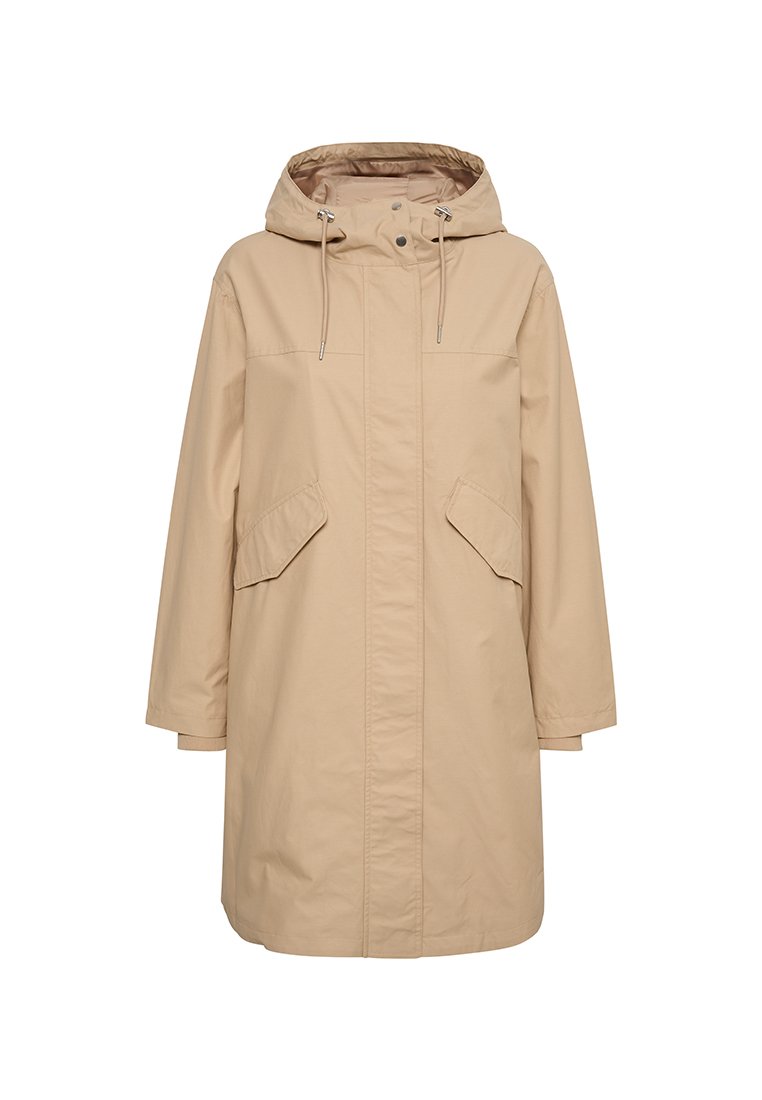 Beige wasserfeste Jacke mit Kapuze, langen Ärmeln, zwei aufgesetzten Seitentaschen und geradem Schnitt. Mit verstellbaren Kordelzügen.