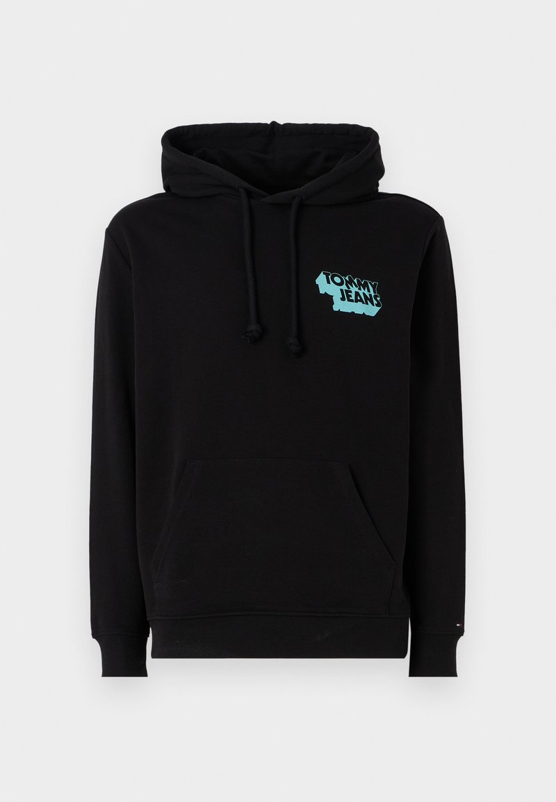 Schwarzer Hoodie aus weichem Baumwollmix, mit einer vorderen Kängurutasche, verstellbarem Kapuzenzug und türkisfarbenem "TOMMY JEANS"-Logo auf der Brust.