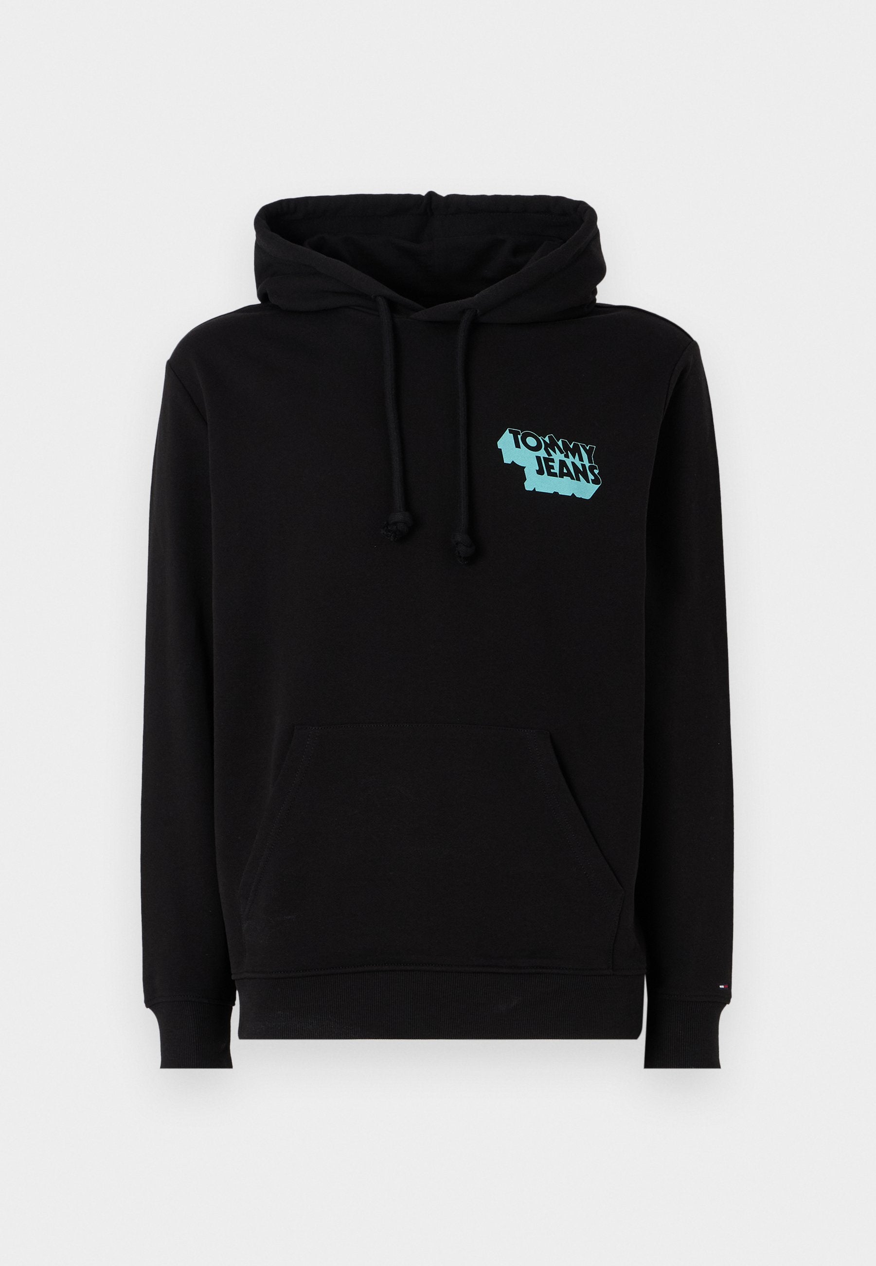 Schwarzer Hoodie aus weichem Baumwollmix, mit einer vorderen Kängurutasche, verstellbarem Kapuzenzug und türkisfarbenem "TOMMY JEANS"-Logo auf der Brust.