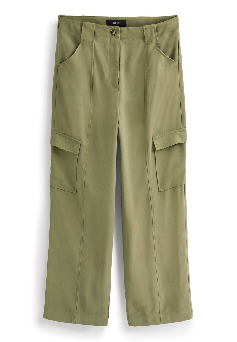 Khaki Cargo-Hosen mit zwei Fronttaschen und großen Seitentaschen; aus weichem Stoff gefertigt; gerades Bein-Design.