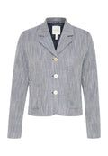 Helles blaues Blazer aus Fischgrätstoff, einreihiges Design mit zwei Vordertaschen und drei Knöpfen. Reverskragen und lange Ärmel.